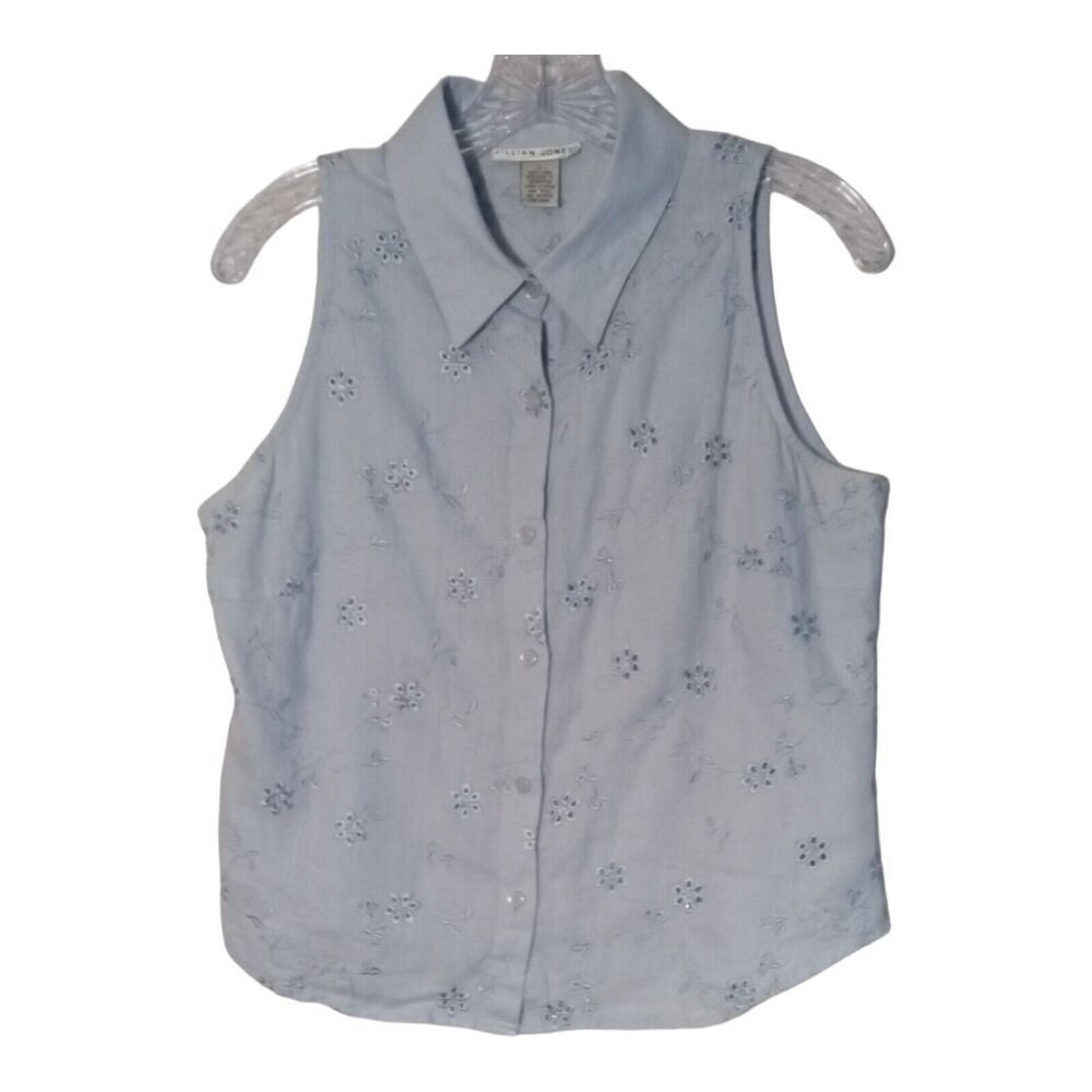 Jillian Jones 100% Linen Sleeveless Top Womens Large Blue Embroidered Eyelet